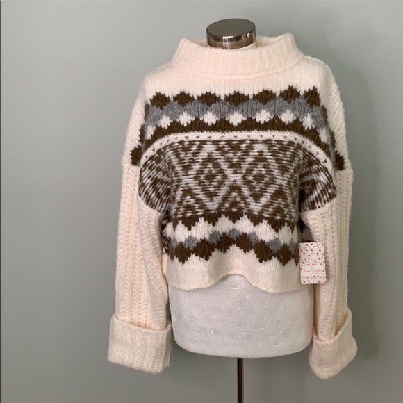 FREE PEOPLE NWT WHITE BROWN GRAY OVERSIZED LONG SLEEVE TURTLENECK SWEATER L - Picture 10 of 11